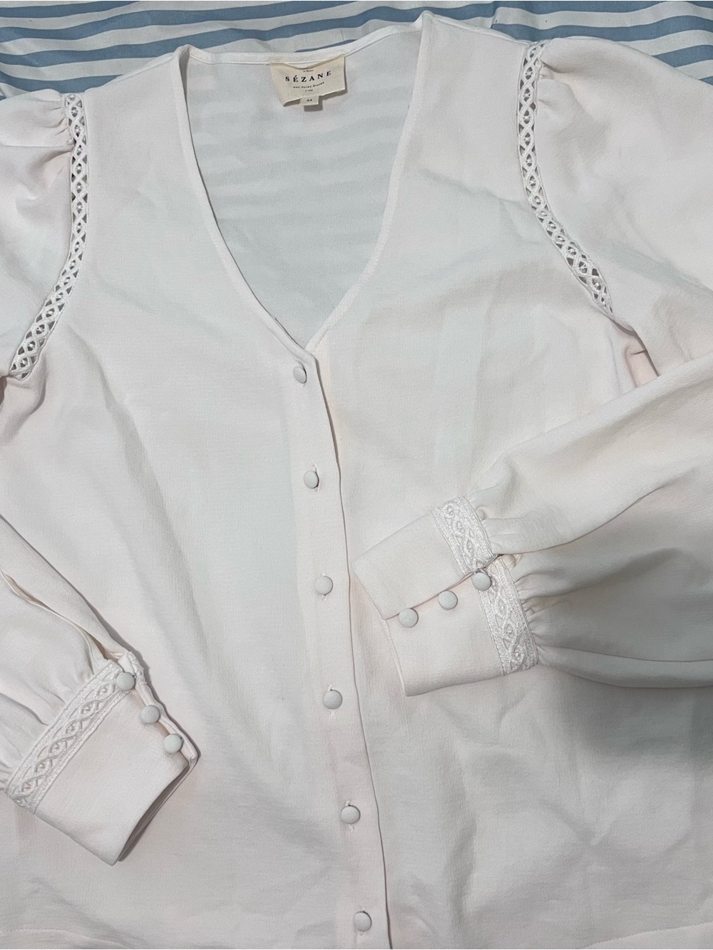 Sezane Ivory Puff Sleeve Delicate with Lace V Neck Feminine Button-Front Blouse
